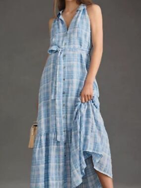 Anthropologie Light Blue Plaid  Maxi Dress